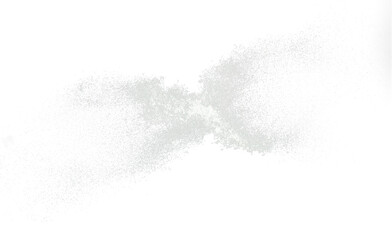 Fluffy White snow splash flying or throwing in mid air. Snowfall on Black background isolated. Snow dust element falling over dark night