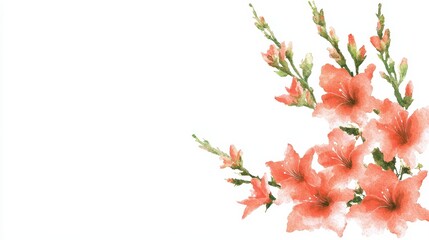 Beautiful watercolor floral arrangement with peach gladiolus and green foliage on white background