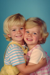 A close-up of two young children embracing each other while wearing stylish pastel outfits. A charming and heartwarming depiction of youthful innocence.
