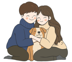 International Hug Day vector illustration on white background.Couple holding a dog with love.