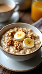 A cozy bowl of oatmeal topped with sliced bananas, walnuts, and a drizzle of honey. A wholesome and nourishing breakfast delight.