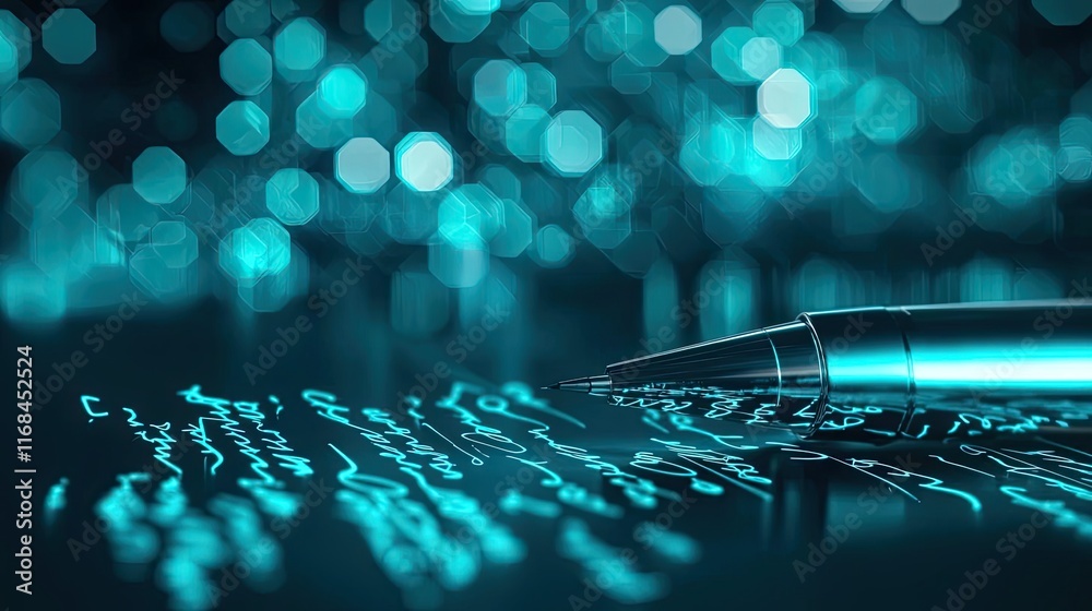 Poster Ink abstract background idea. Close-up of a pen on notes with a shimmering blue background for creative work.