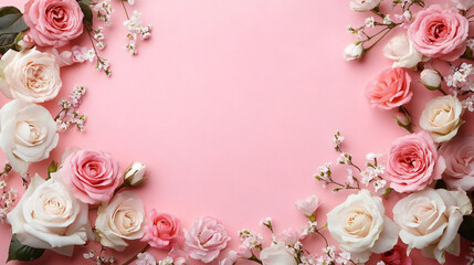 Soft pastel pink floral arrangement featuring roses and cherry blossoms, ideal for Valentine's Day, weddings, or romantic events, with space for text overlay.