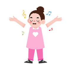 Happy Little Girl Singing Cartoon Illustration Music Notes Child Singing Pink Dress