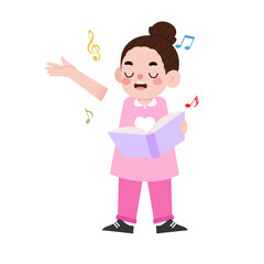 Cute Girl Singing Song from Book Musical Illustration Child Artist Happy Kid
