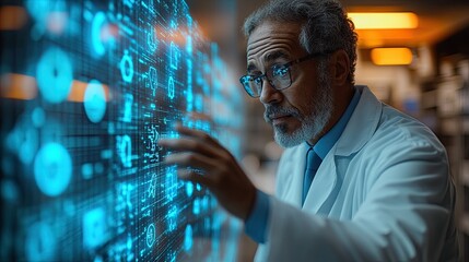 A senior scientist in a lab coat stands in front of a large screen with a blue digital interface and examines data.
