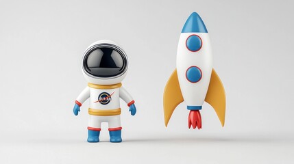 Cute Astronaut Character Next to Cartoon Rocket in Clean Background