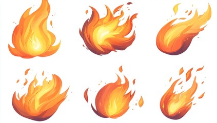 Six stylized fire flames, orange and yellow, isolated on white background.