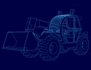 Blue drawing of a tractor with a large bucket on the front. The tractor is shown in a stylized way, with the bucket and other parts of the machine emphasized. Scene is somewhat whimsical and playful