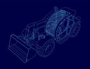 Blue drawing of a tractor with a large scoop on the front. The tractor is shown in a blue drawing