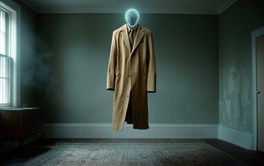 Obraz premium A surreal floating coat with a glowing brain in an empty, dimly lit room.
