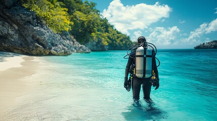 Diver Preparing for Adventure at Tropical Shoreline