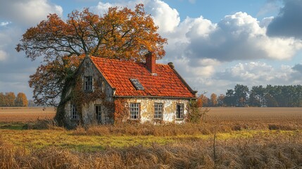 Rustic abandoned house with orange tile roof, overgrown with ivy, in autumn field under cloudy sky.