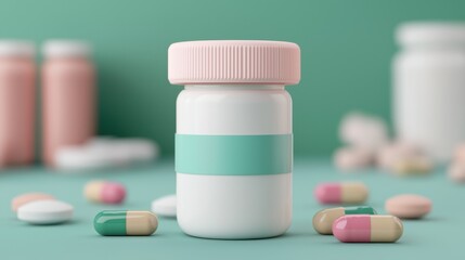 Aesthetic Display of Colorful Capsules and Pill Bottles on Trendy Green Background