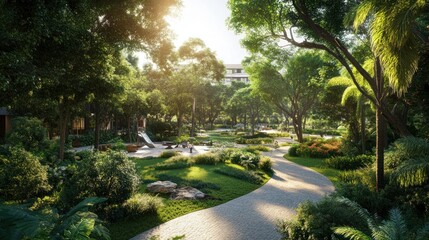 Obraz premium Lush garden pathway with sunlight and greenery