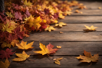 Falling maple leaf's on the empty wooden table top in autumn