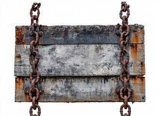 Rustic weathered wooden signboard with rusty chains.