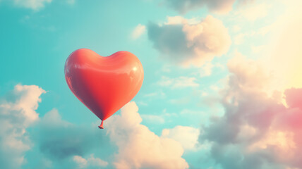 Red heart air balloon floating on blue sky. Valentine's day celebration