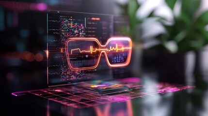 Futuristic Smart Glasses Displaying Vital Signs on Interactive Digital Interface in Modern Workspace