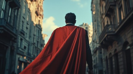Naklejka premium Heroic Superman in Red Cape Walking Down Alley