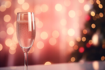Elegant Pink Champagne Glass with Christmas Tree and Festive Lights in Background. Ai generative