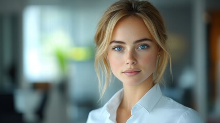 A woman with blonde hair and blue eyes is wearing a white shirt. Generative AI