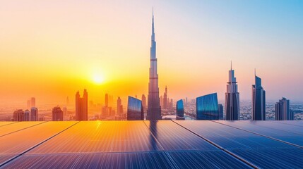 Modern skyline with solar panels under a vibrant sunset in a futuristic city