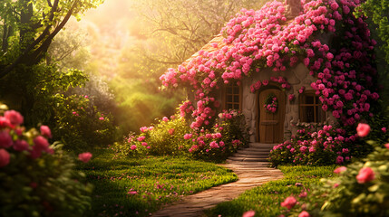 Rose Covered Cottage In A Sunny Garden Setting