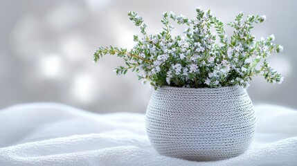 Fototapeta premium Delicate White Flowers in a Textured Pot with Soft Background and Gentle Light Shine