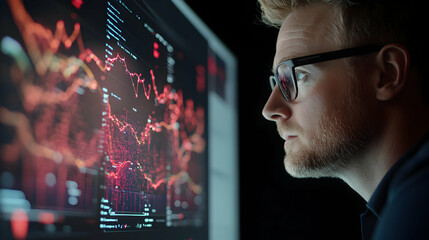 Man intently studies complex financial data charts