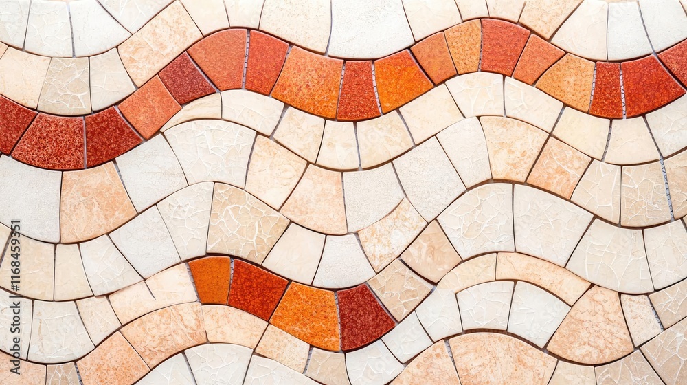 Poster Mosaic abstract background concept. A close-up of an artistic tile pattern featuring colorful waves in warm tones.