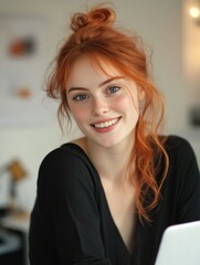 Obraz premium Smiling Woman with Red Hair, Home Office