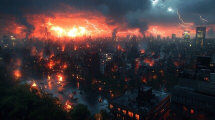 Fiery city skyline engulfed in lightning storm.