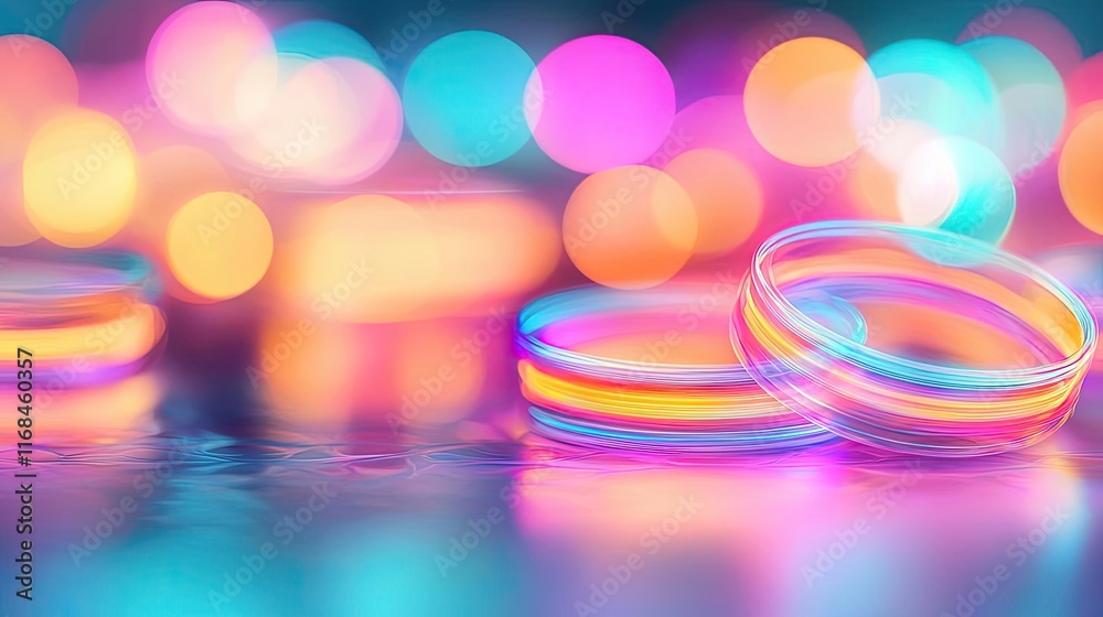 Poster Ink abstract background idea. Colorful glowing rings create a vibrant abstract background with a dreamy atmosphere.