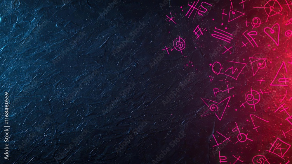 Poster Ink abstract background idea. Abstract design with mystical symbols in red and blue tones on textured background.