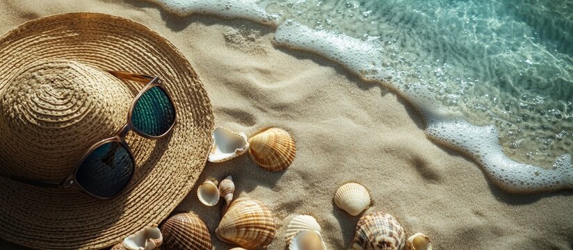 Straw hat, sunglasses, seashells on sandy beach with ocean waves. - Powered by Adobe