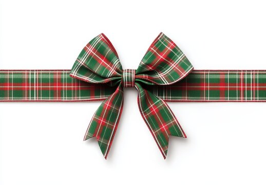 Green and red plaid ribbon bow isolated on white. (5)