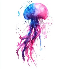Fototapeta premium Colorful Watercolor Jellyfish with Elegant Tentacles in Vibrant Blue and Pink Hues