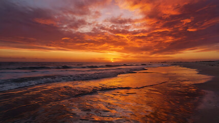 Fototapeta premium A breathtaking sunset over the ocean, with fiery shades of orange, red, and pink dominating the sky, and the water reflecting the vibrant hues like a mirror.