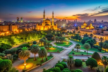 Fototapeta premium Cairo Panoramic Night View: Al-Azhar Park, Mosque, Cityscape Long Exposure
