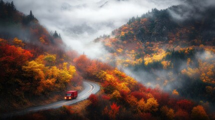 Fototapeta premium Truck driving through a vibrant autumn landscape
