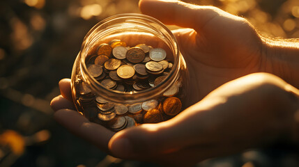 Hands Carefully Holding A Jar Of Coins