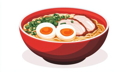 A vibrant bowl of ramen featuring noodles, sliced pork, green onions, and soft-boiled eggs, perfect for a comforting meal.