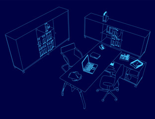 Blue drawing of a desk with a laptop and a chair. The desk is surrounded by shelves and cabinets