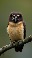 Fototapeta premium Brown and Cream Owl Perched on a Mossy Branch.
