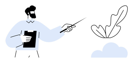 Man holding a clipboard, pointing with a stick towards abstract leaf and cloud shapes. Ideal for business presentations, education, coaching, leadership, explanation, strategy planning, teaching