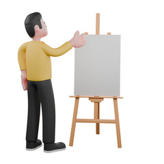 Full Designer Workflow Characters 3D Model. A male designer set stands in front of a painting and his right hand is open. Cartoon Style