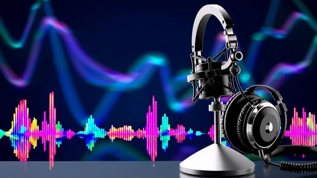 dj turntable and headphones, A sleek pair of headphones on a metallic stand with vibrant audio waveforms in the background, symbolizing music and sound technology