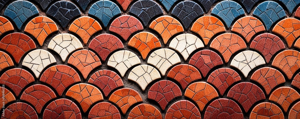 Poster Mosaic abstract background concept. Colorful tiled wall design showcasing an intricate pattern of interlocking shapes.