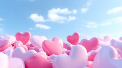 Dreamy Pink Hearts Floating in Soft Cloudscape Under Serene Sunset Sky. Ai generative